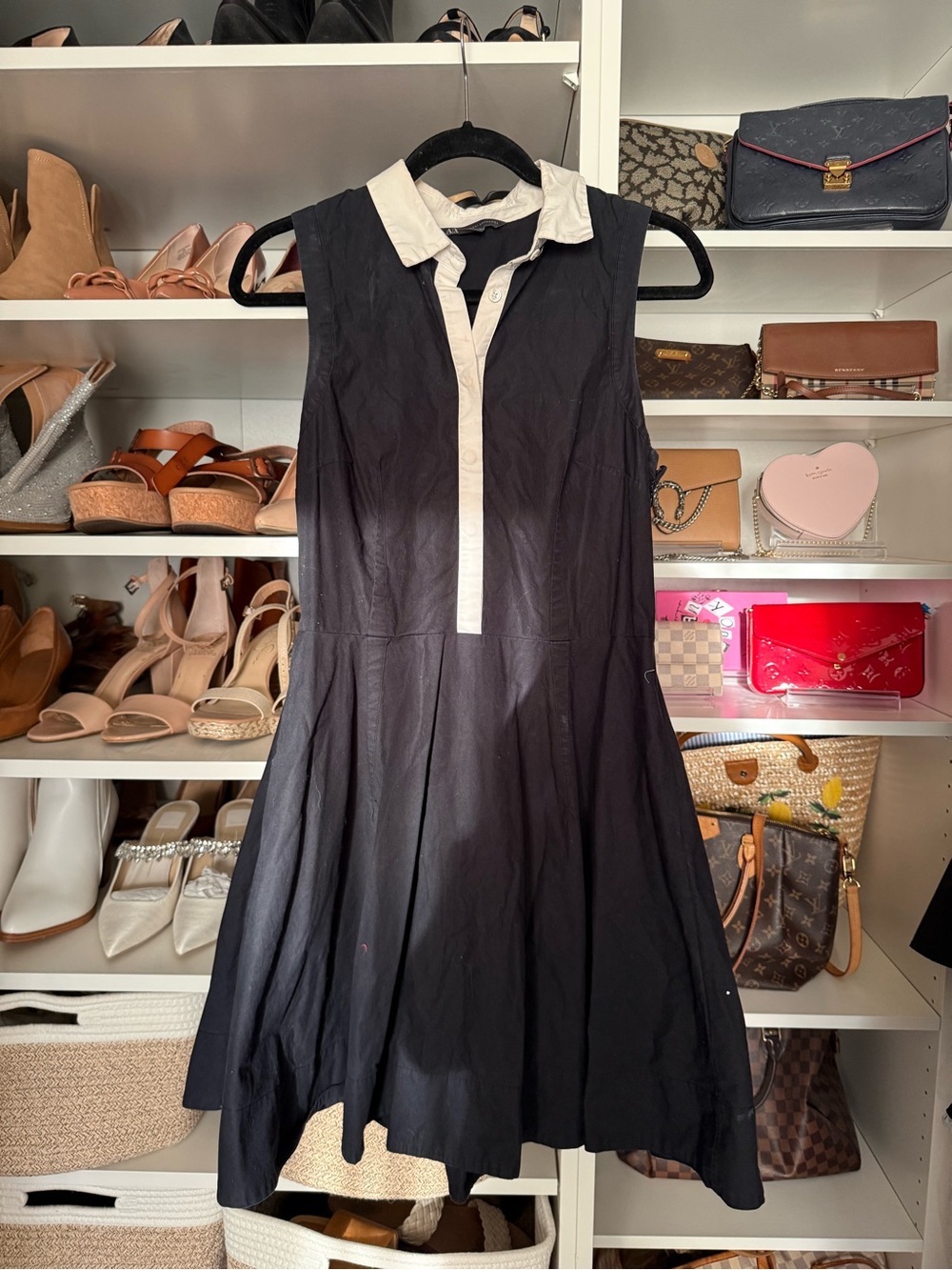 Armani Exchange Black Sleeveless Pleated Dress with White Trim Collar